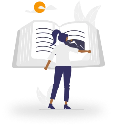 Illustration of a reader stepping out of an open book